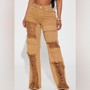 Fashion Nova Stylish Distressed Tan Wide Leg Jeans